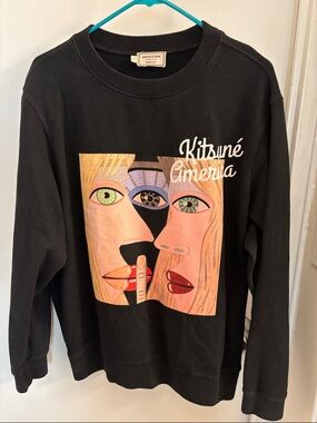 MAISON KITSUNÉ Black Crewneck Sweatshirt with Multicolor Graphic